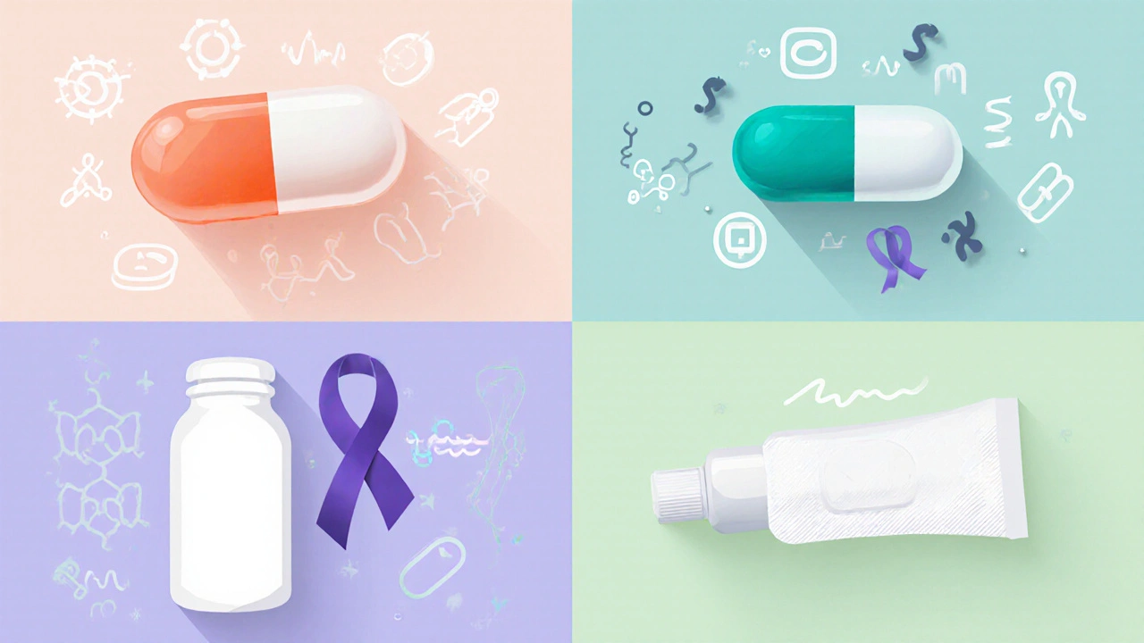 Ilustrace čtyř typů léků: opioid, anti‑epileptikum, antidepresivum a lokální krém.