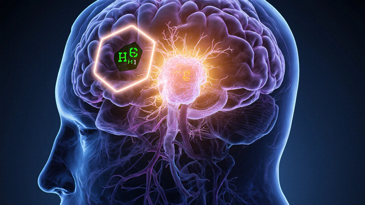 Ilustrace mozku s HHC molekulou vážící na CB1 receptor v hypothalamu.