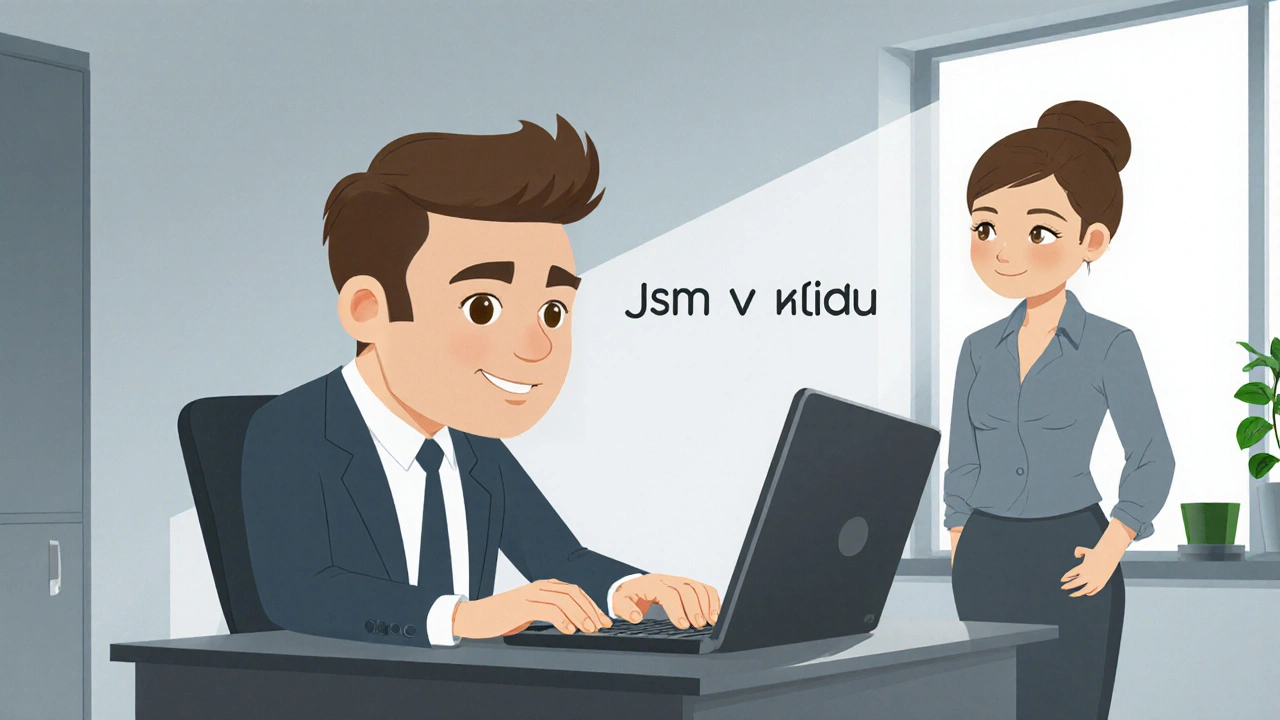 Kancelářská scéna, osoba v neformálním oblečení vypadá klidně a nenápadně.