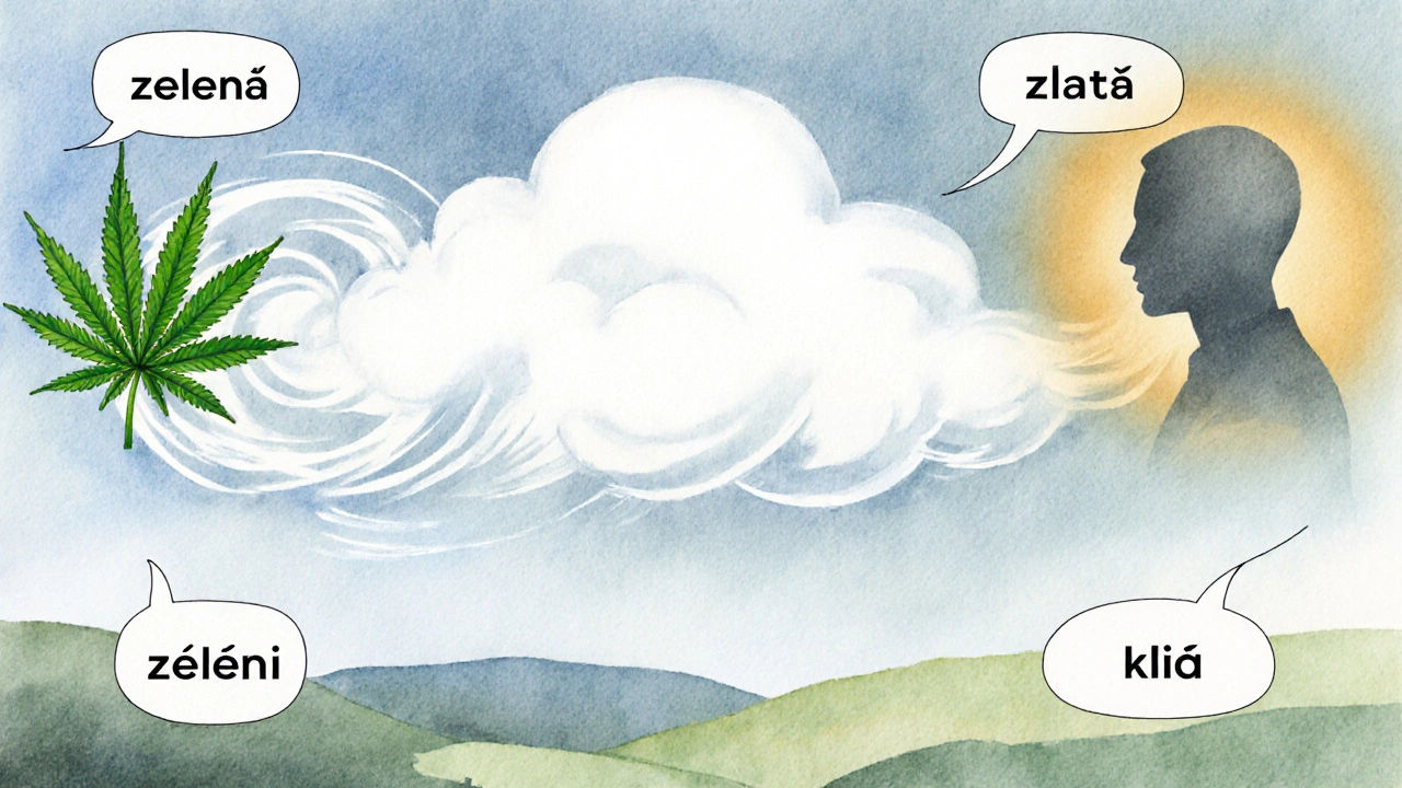 Koláž s metaforami – mrak, zelený list, zlatá aura – symbolizující eufemismy.