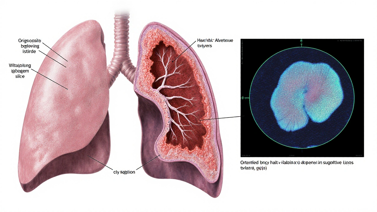 Lékařská ilustrace porušených bronchiolů s fibrózou a CT snímkem plic.