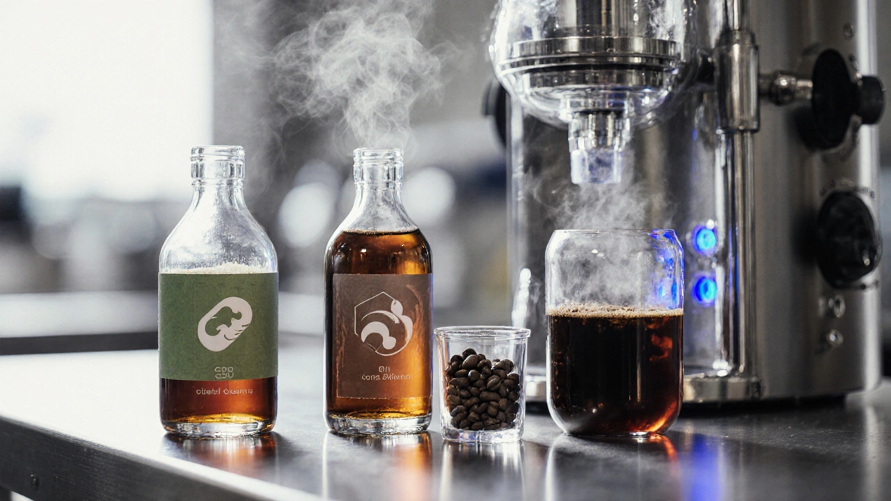 Moderní laboratoř, lahve CBD nápojů, terpeny a káva se mísí.
