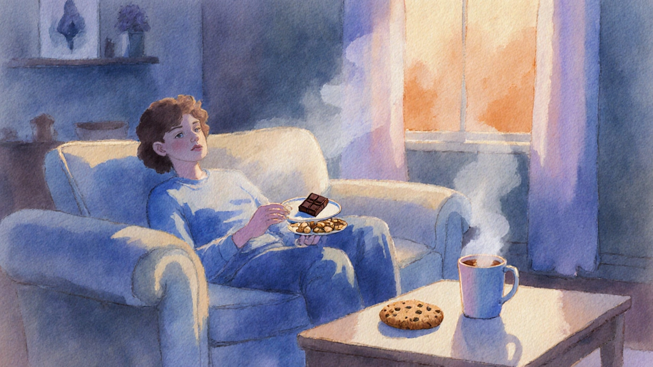 Relaxovaná osoba na pohovce s edibles a snacky, večerní osvětlení.