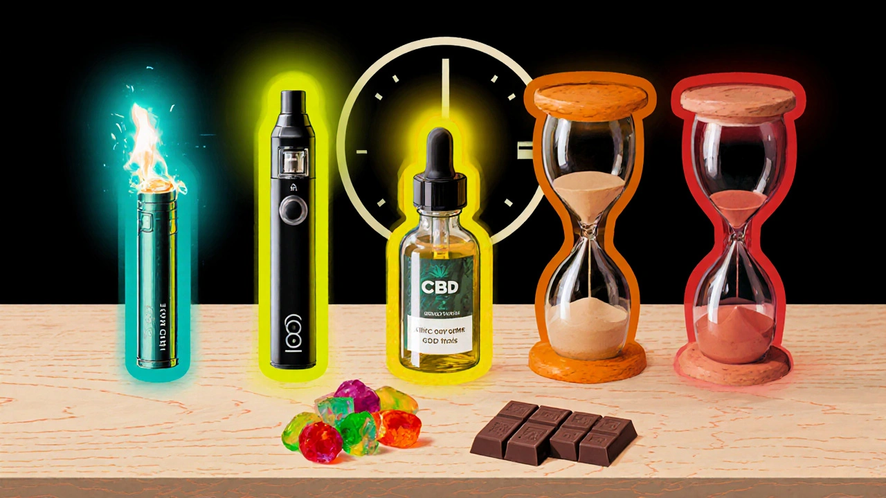 Sada pěti CBD produktů (joint, vape, kapky, gummies, čokoláda) s barevnými záři představující rychlost nástupu.