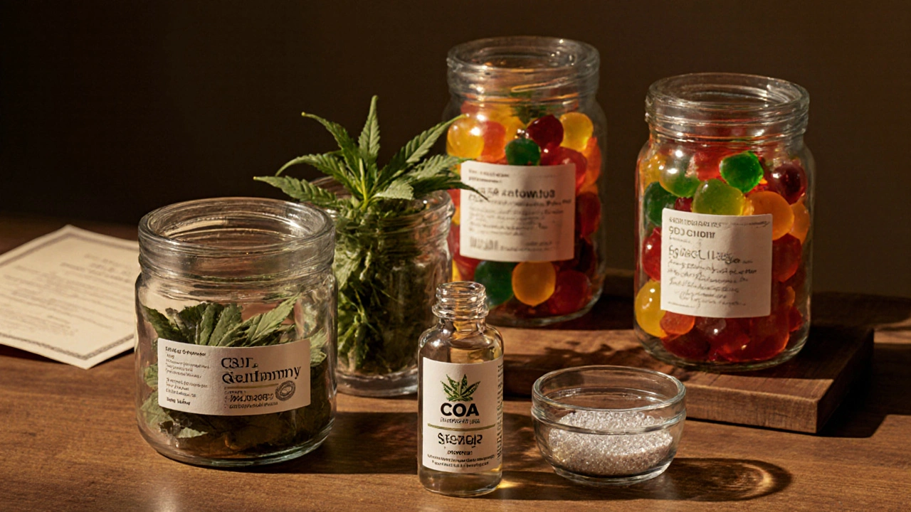 Stolní aranžmá s různými CBD gummies, konopím a certifikátem COA.