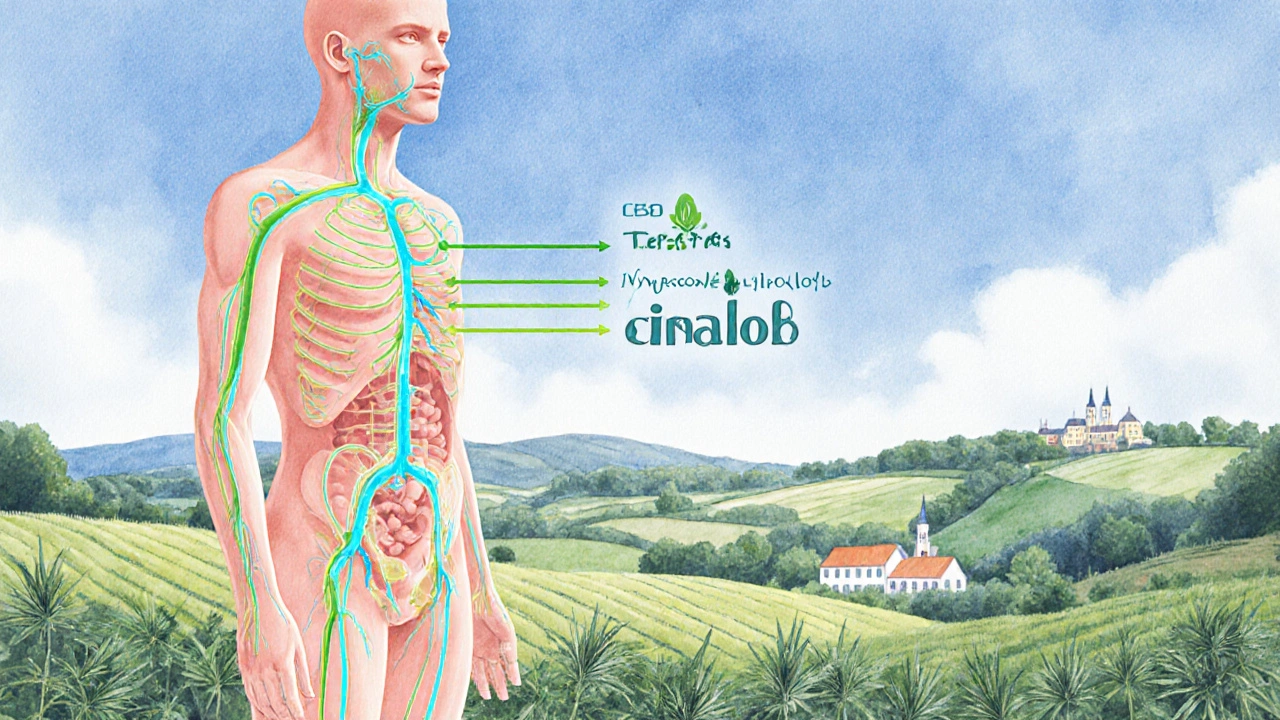 Abstraktní ilustrace lidského těla s světelnými cestami ukazujícími entourage efekt CBD a terpenů nad českými poli konopí.