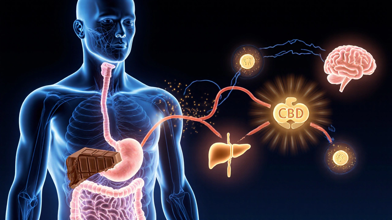 Abstraktní znázornění cesty CBD molekul v těle k nervovému a imunitnímu systému.