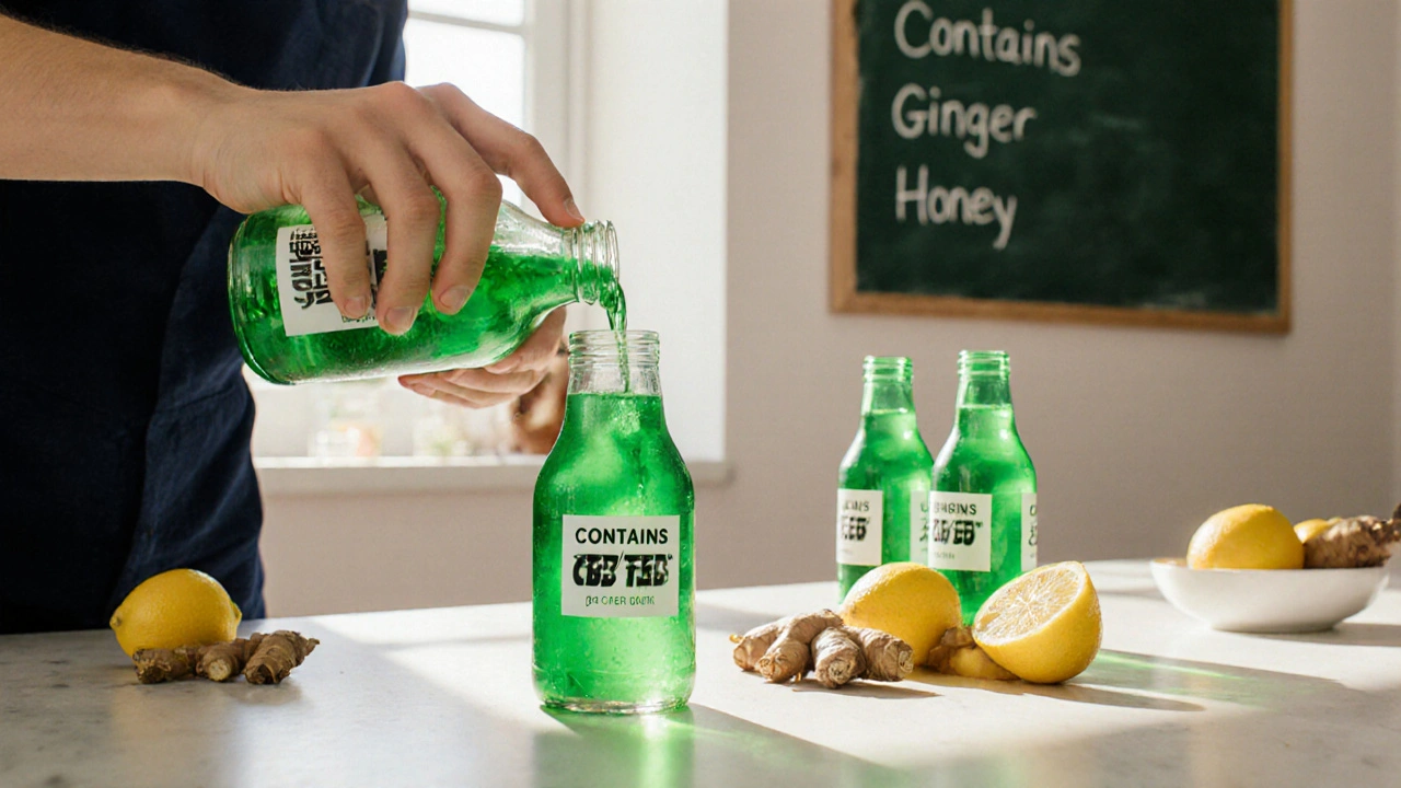 Domácí výroba konopné limonády v kuchyni s přirozenými surovinami a jednoduchými láhvičkami.