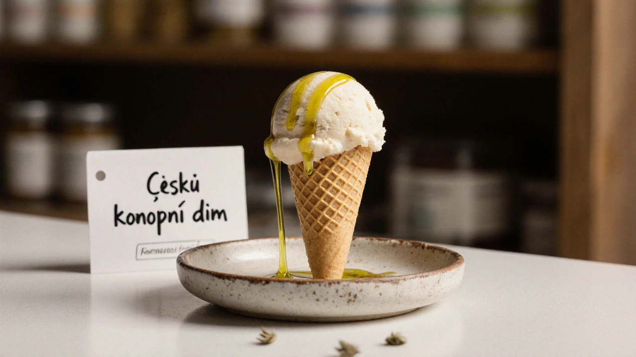 Konopná zmrzlina na kuželku s drobným nápisem české značky.