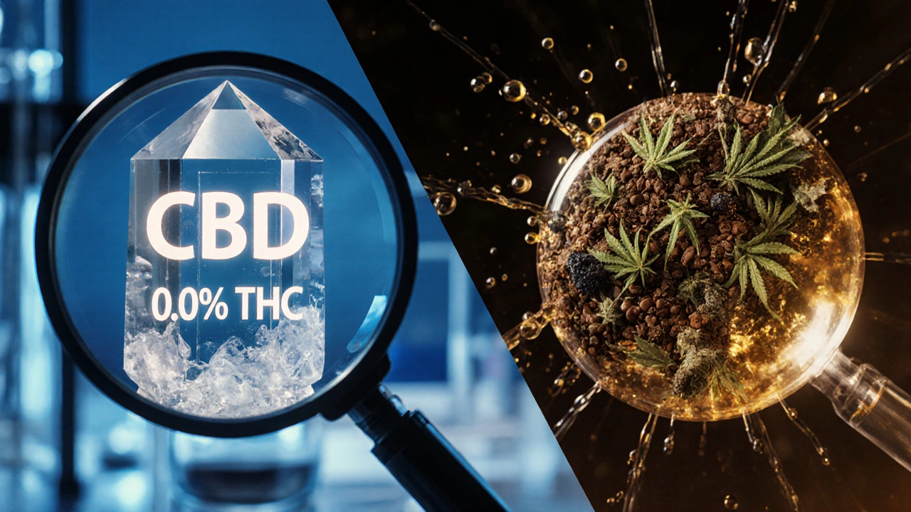 Laboratorní ilustrace čistého CBD krystalu a směsi s stopovým THC a kofeinem.