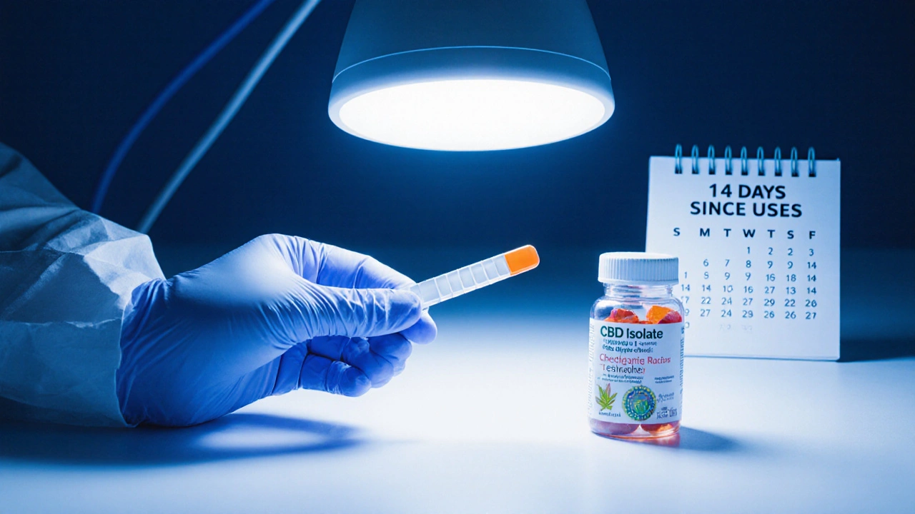 Laboratorní test moči s lávkou CBD izolátu a kalendářem.