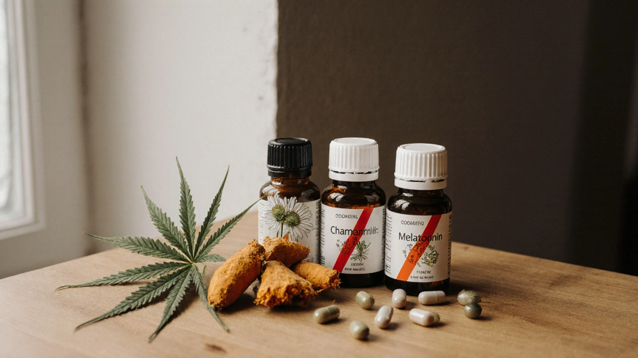 Legální přírodní alternativy k CBD květům: kurkuma, kamilička a melatonin, vedle zakázaného květu konopí.
