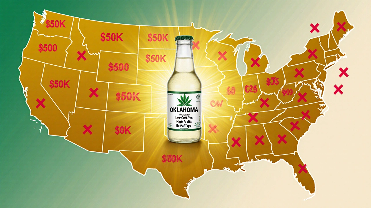 Mapa USA s Oklahomou jako nejlevnějším místem pro otevření dispensary s konopnými nápoji.