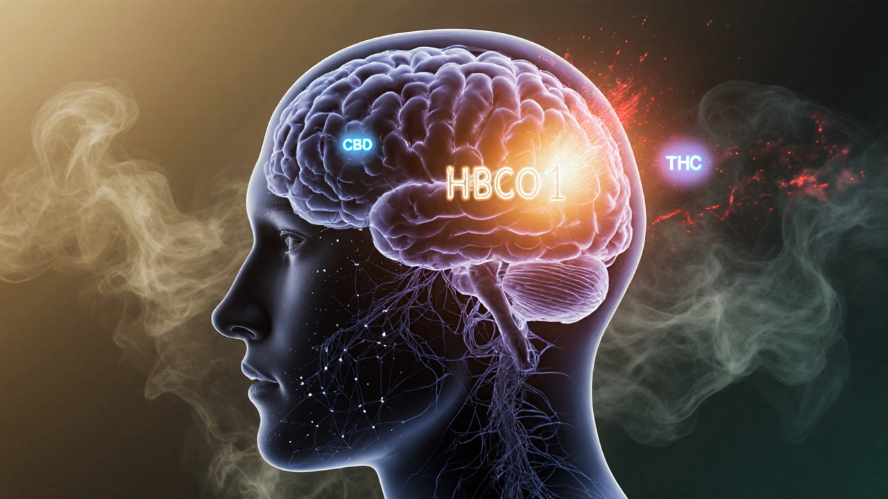 Mozek s aktivovanými receptory a grafickým znázorněním HHCO, CBD a THC