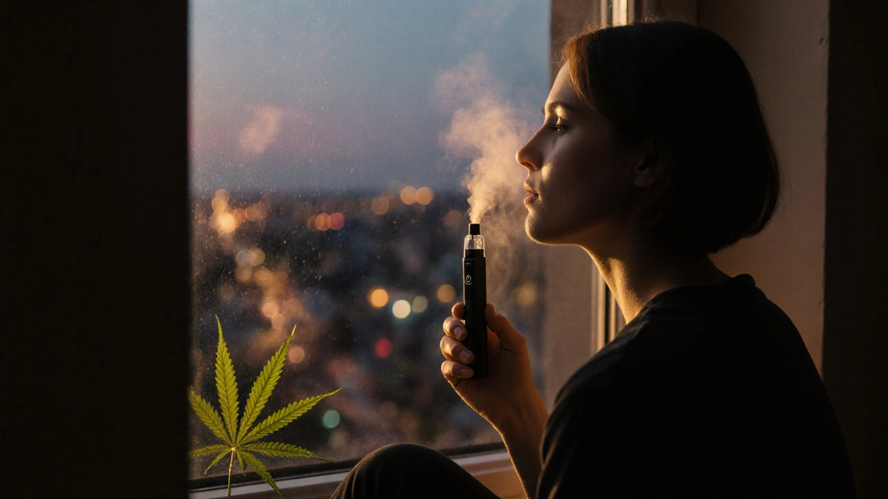 Osoba u okna s HHCO vape penem v tichém večerním světle