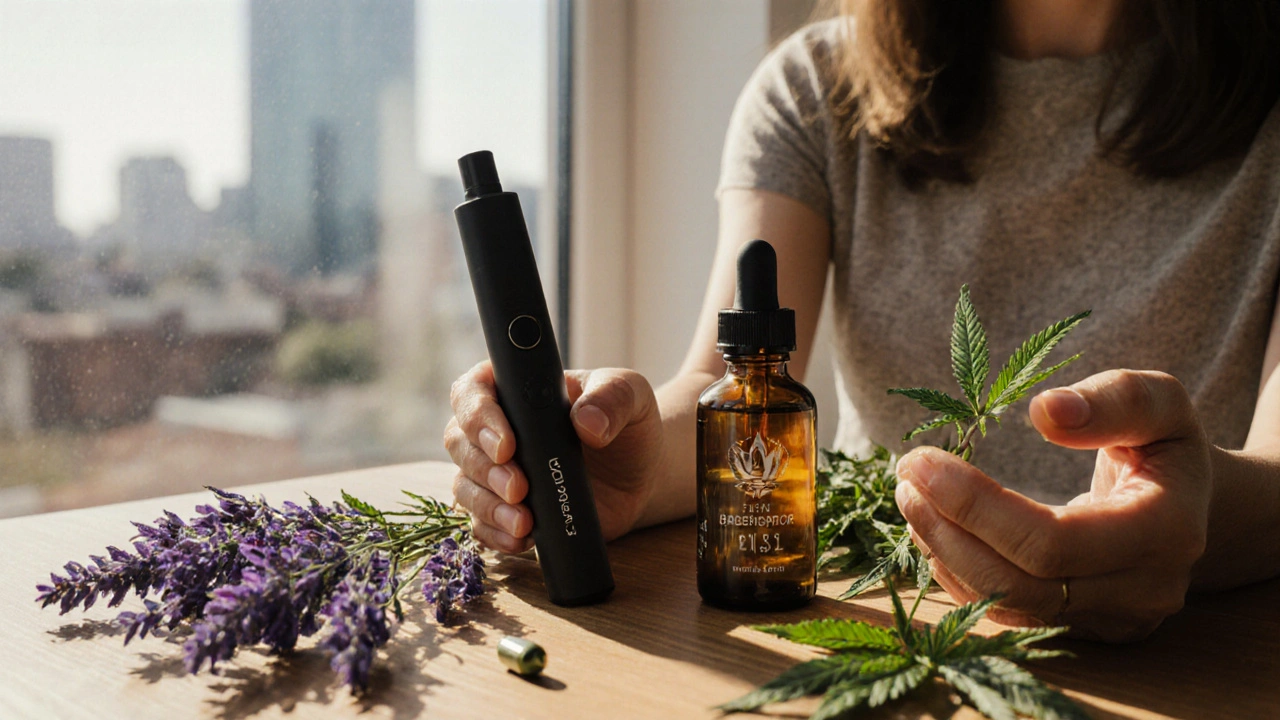 Tři formy CBD — kartridž, olej a kapsle — na dřevěném stole s bylinkami.
