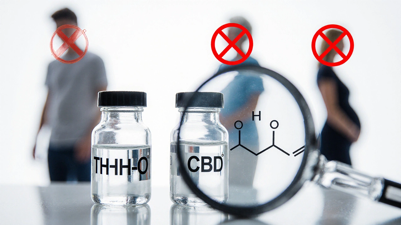 Tři lahvičky HHC-O, THC a CBD na laboratorním stole s varovnými symboly pro rizikové skupiny.
