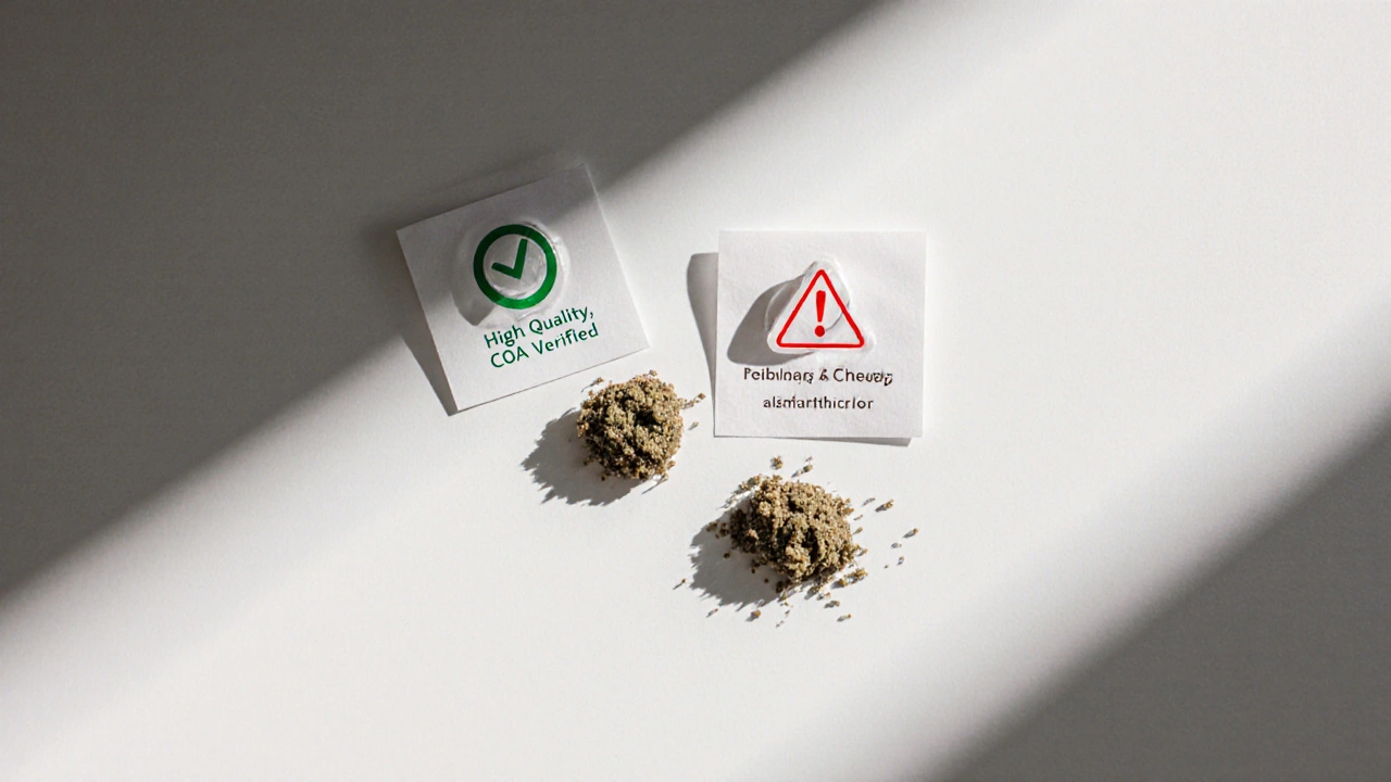 Tři vzorky CBD crumble: kvalitní, neznámý zdroj a čistý CBD izolát na bílém pozadí s varovnými značkami.