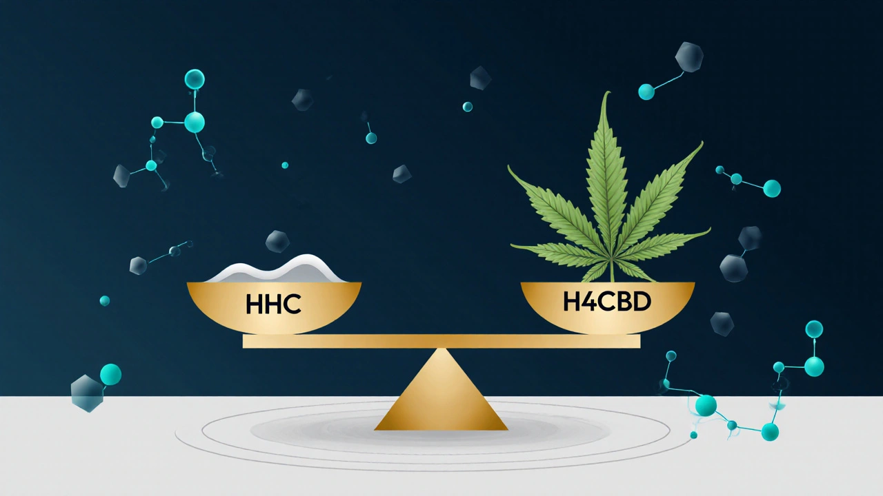 Váha s konopným listem HHC a H4CBD, představující rozdíl mezi euforií a klidem.