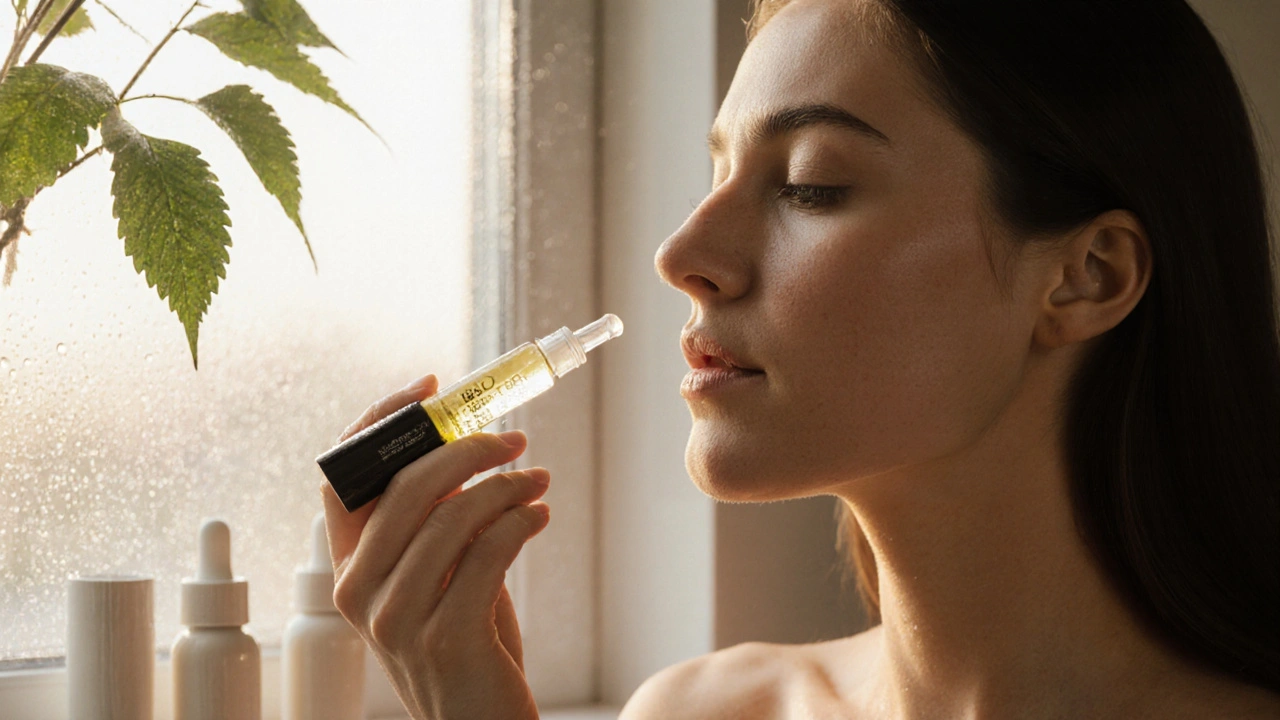 Žena aplikuje CBD-CBG sérum na obličej ráno, kůže vypadá klidně a zdravě.
