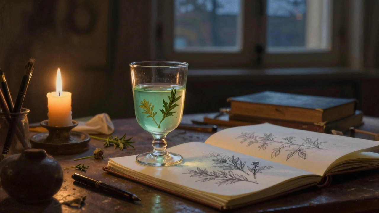 19. století: umělec v ateliéru s absintem, který se mění v mléčnou zelenou barvu při ředění vodou.