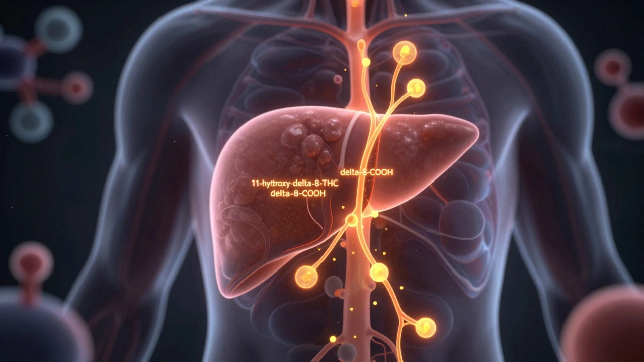 Abstraktní ilustrace metabolitů delta-8 ukládaných v tukové tkáni a játrech.