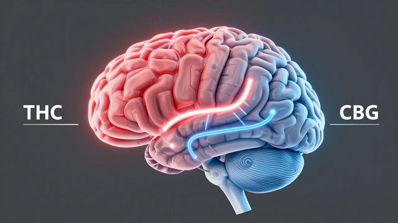 Diagram showing brain pathways of THC (red) versus CBG (blue) for non-addictive effects.