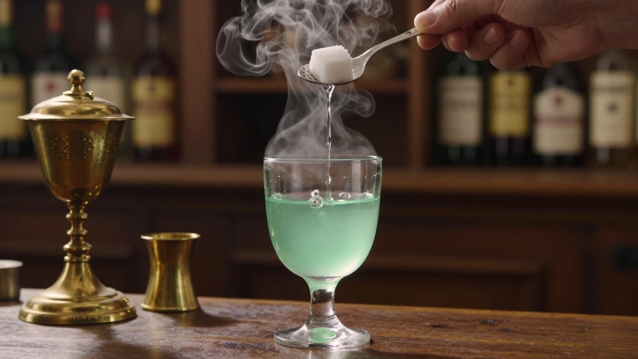 Rituál ředění absintu vodou a cukrem, kdy se nápoj mění z průhledné na mléčně zelenou barvu.