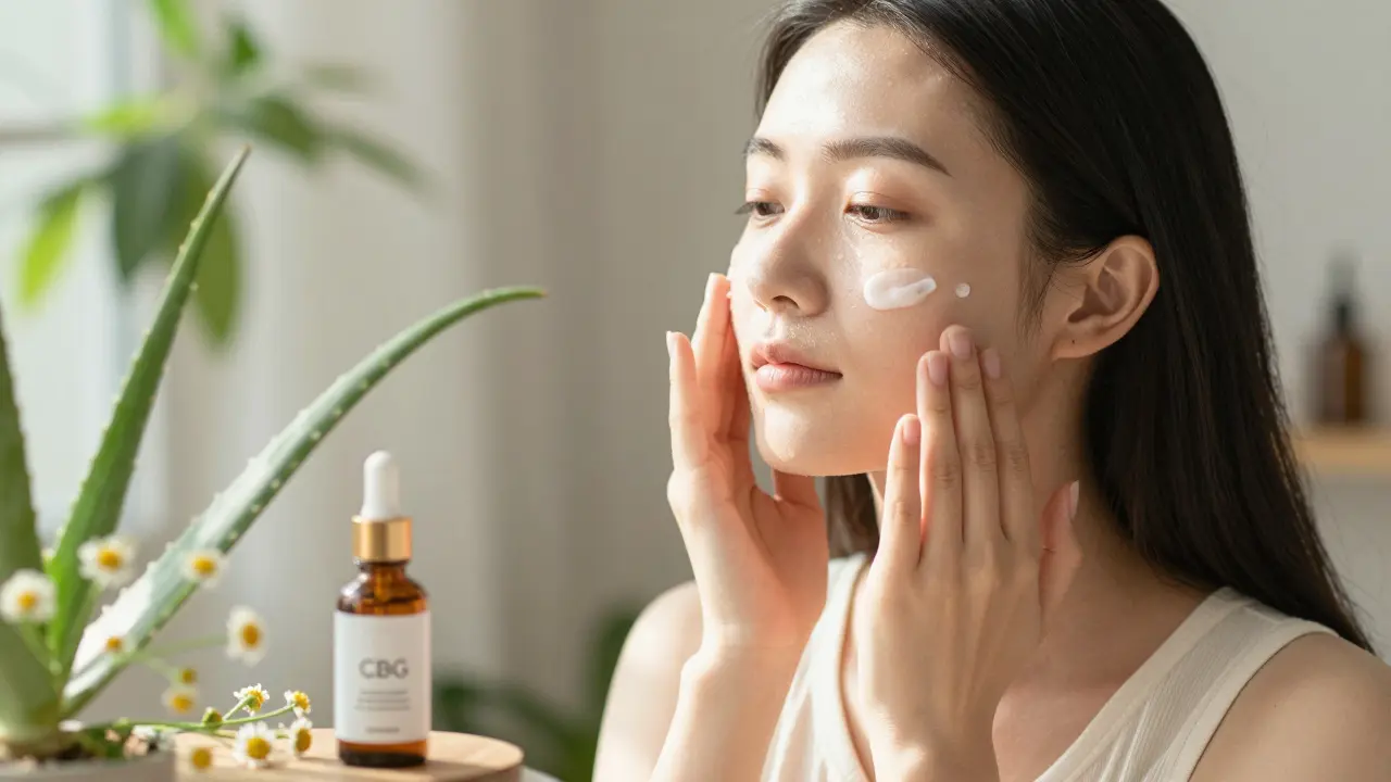 Woman applying CBG facial serum in natural light with botanicals around her.