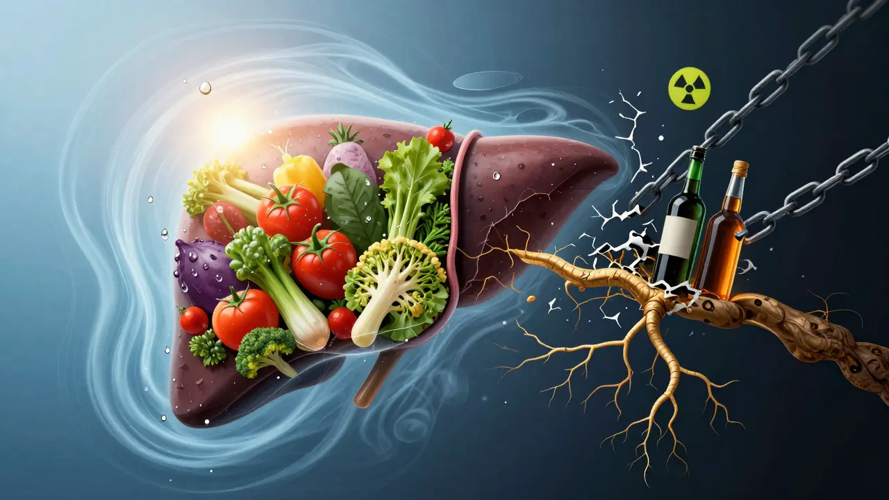 Abstraktní obraz játra s kontrastem mezi přirozenou detoxikací a toxiny.