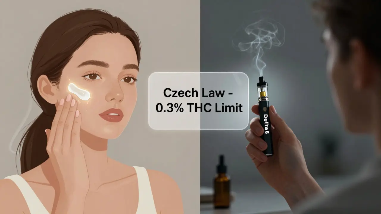 Dvě cesty: CBG krém na obličeji a Delta 8 vape ve stínu, oddělené varováním o zákoně