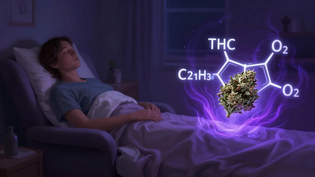 Klidný pacient v klidné místnosti a molekulární struktura THC s vlnami fialové energie.