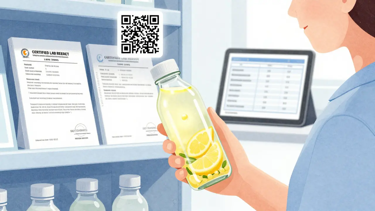 Průhledná lahve CBD limonády s nanokapslemi a laboratorními výsledky na pozadí.