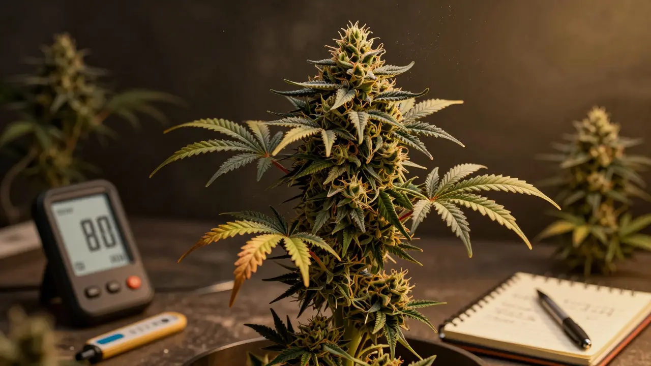 Rostlina White Widow x Big Bud v 10. týdnu kvetení s hustými květy, známky plísně a zakřiveného listu.