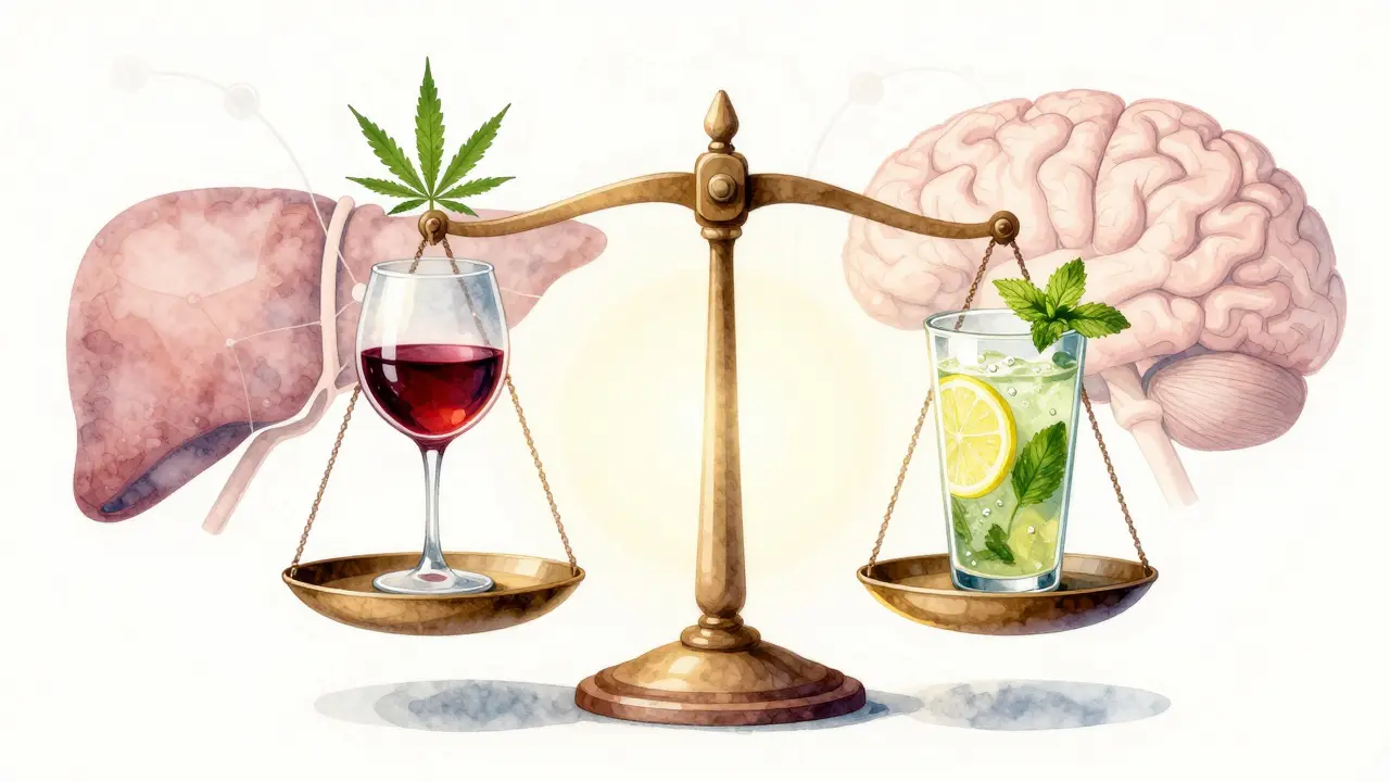 Váhající váha s CBD vínem a CBD limonádou symbolizující rovnováhu.