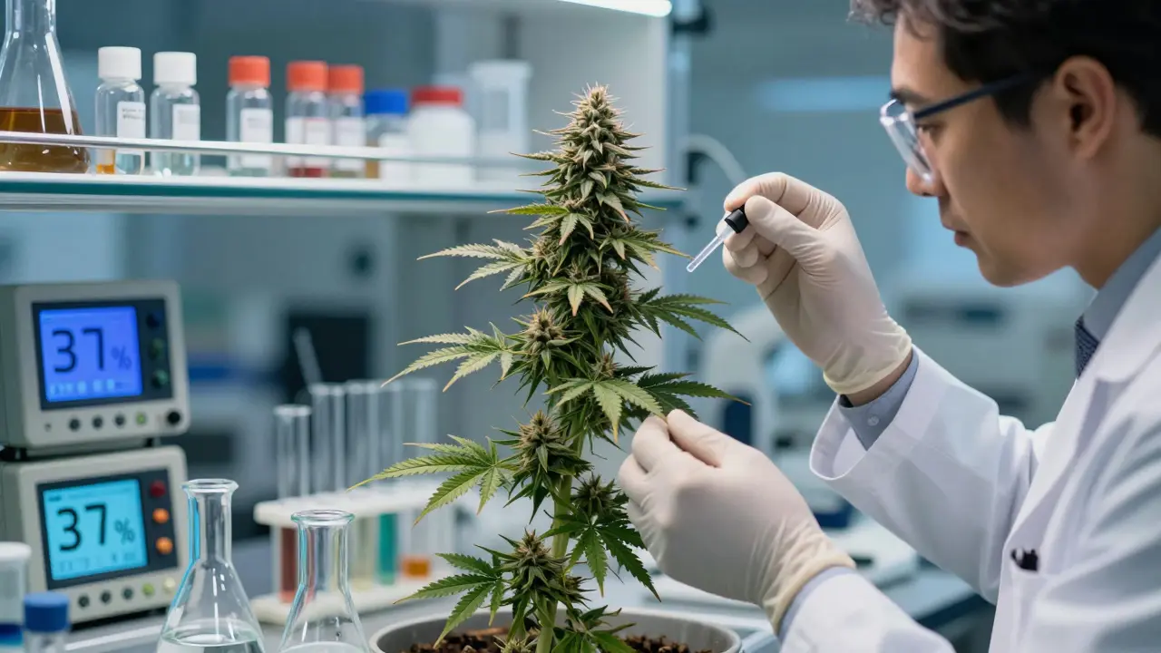 Vědecká laboratoř s rostlinou Godfather OG a vědcem měřícím obsah THC.