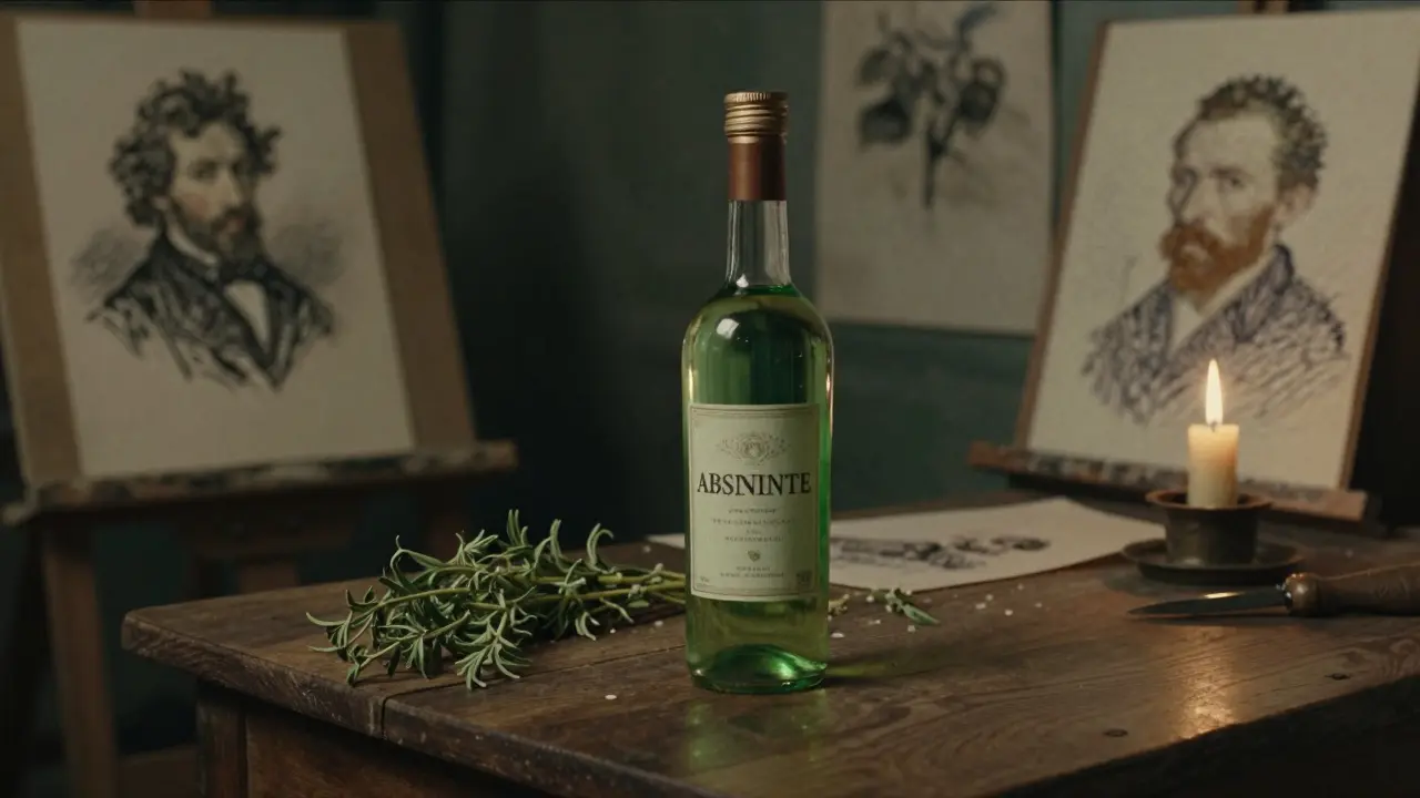 Vintage ilustrace absinthu a wormwoodu v ateliéru 19. století.
