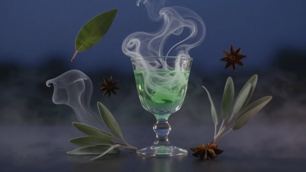 Abstraktní obraz absintu v průběhu loučení, s proužky zelené a bílé barvy, které připomínají rostliny.