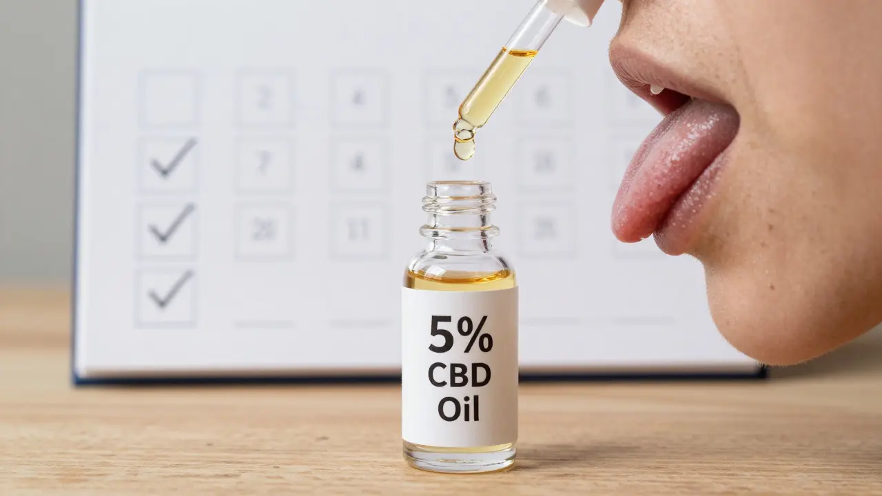 Kapka zlatého CBD oleje visí nad jazykem, vedle ní láhev s 5% koncentrací na dřevěné ploše.
