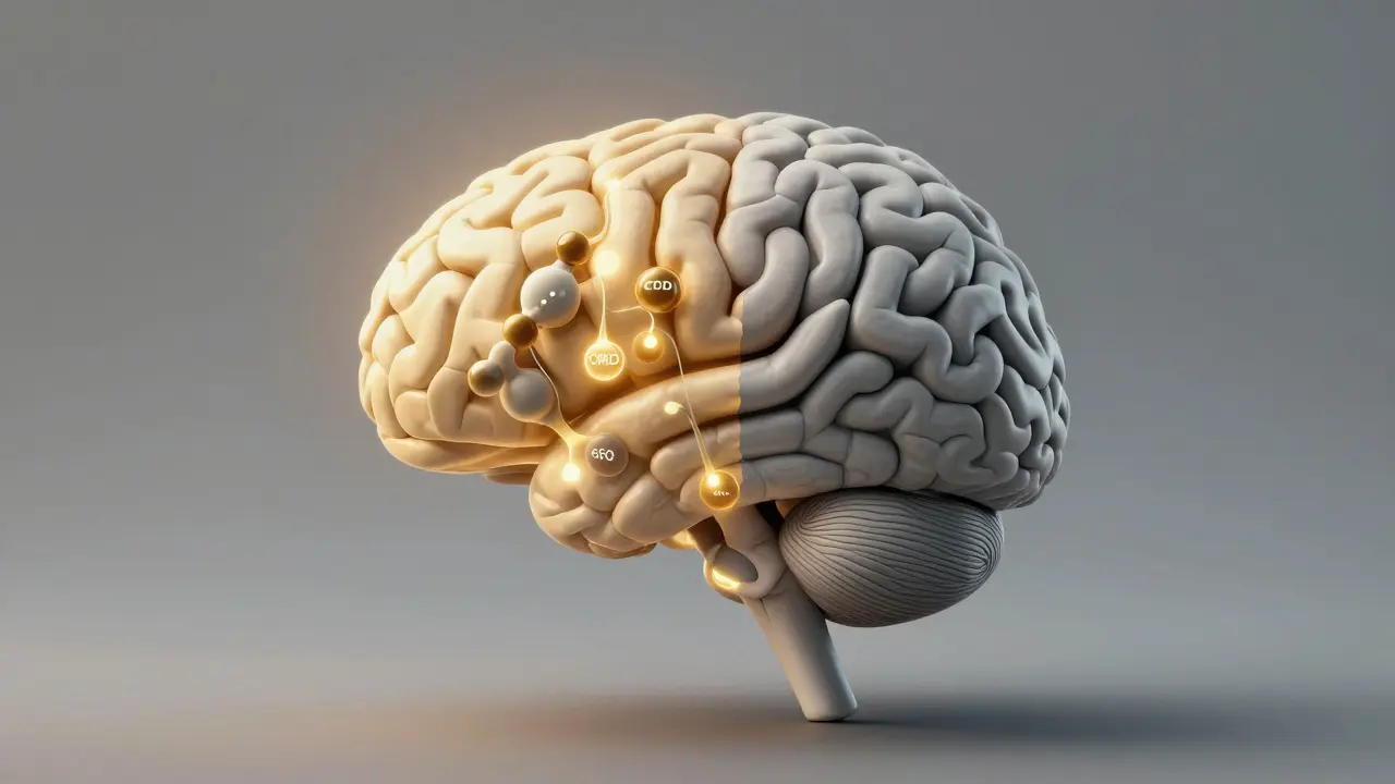Konceptuální obrázek mozku s aktivací neurochemických cest podporovaných CBD.