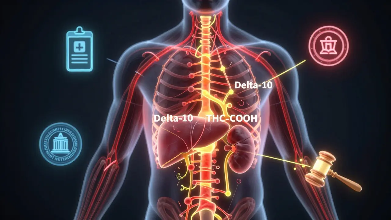 Lidské tělo s chemickými cestami přeměňujícími Delta-10 na metabolity THC.