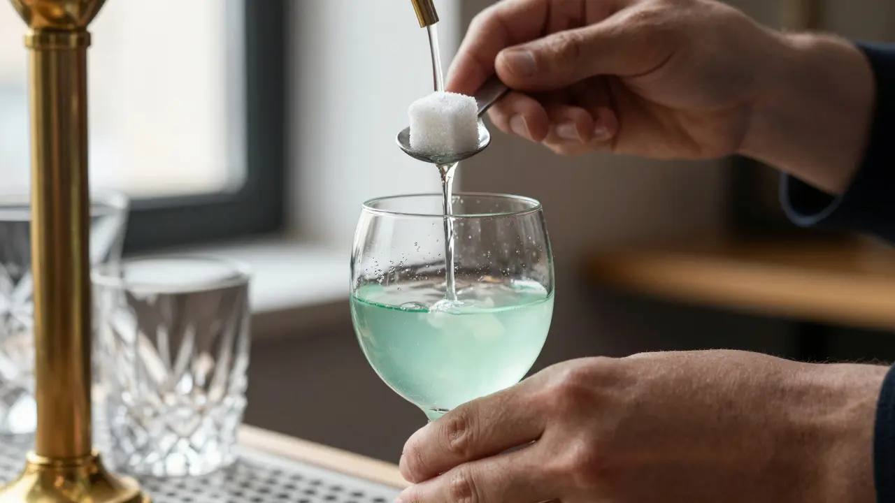 Moderní český bartender provádí rituál přípravy absintu s kapkovou kanvou.