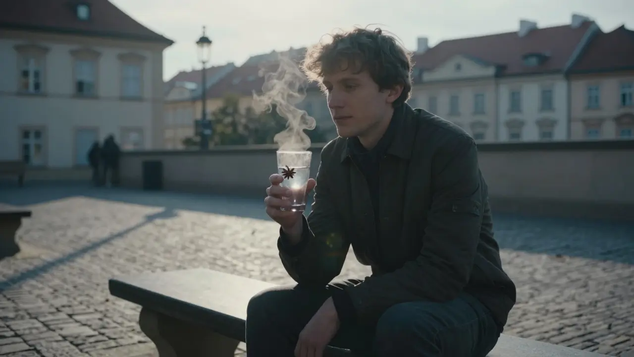 Osamělá osoba v klidném pražském dvoře v ranním světle drží sklenici absintu.