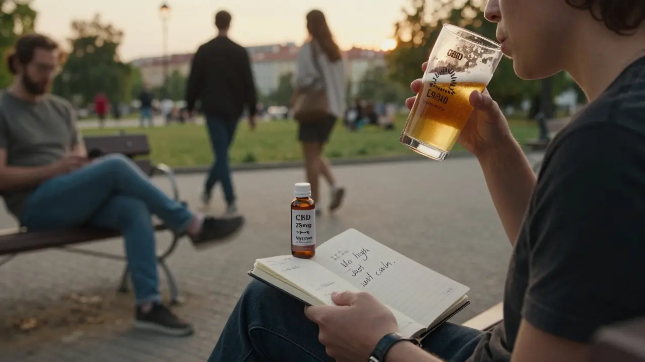 Osoba na lavičce v Praze v zlaté hodině pije konopné pivo, drží lahvičku s CBD a myrcenem, za ní rozmazané postavy.
