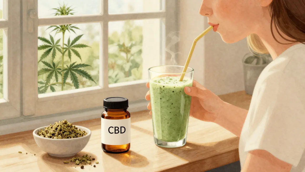 Osoba pije smoothie s CBD olejem v domácím prostředí s okny a rostlinami.