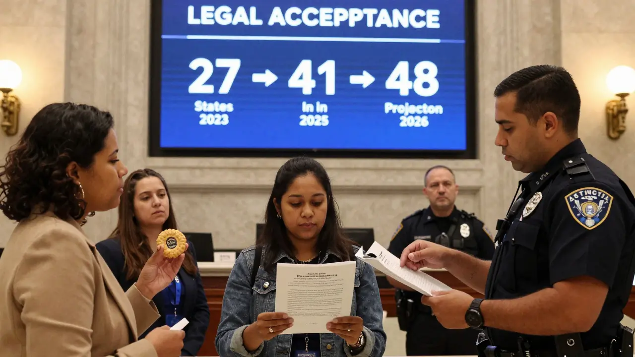 People in state capitol discussing CBD laws, screen showing rising legal acceptance from 27 to 48 states.