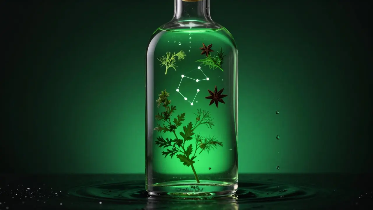 Průhledná láhev absintu s vnořenými bylinami a kapkou vody, která vytváří vlnění v zelené tekutině.