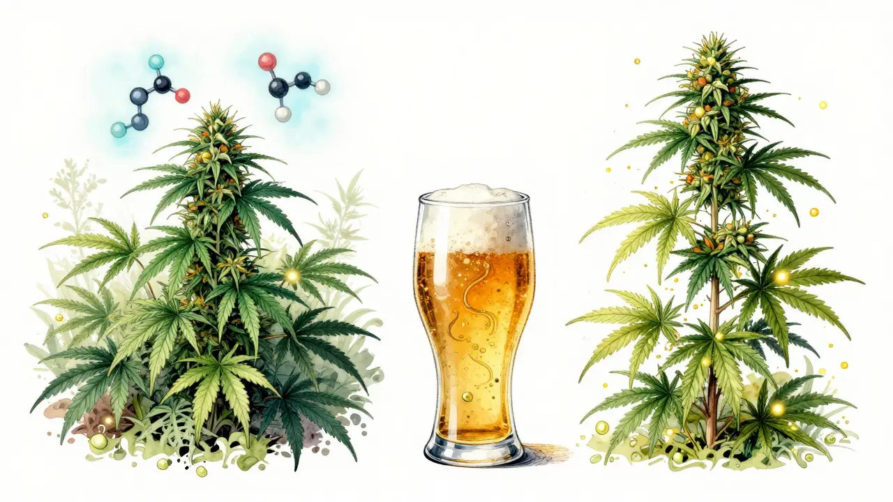 Rozdělená botanická ilustrace indica a sativa konopí s terpeny myrcenem a limonenem, které visí nad rostlinami.