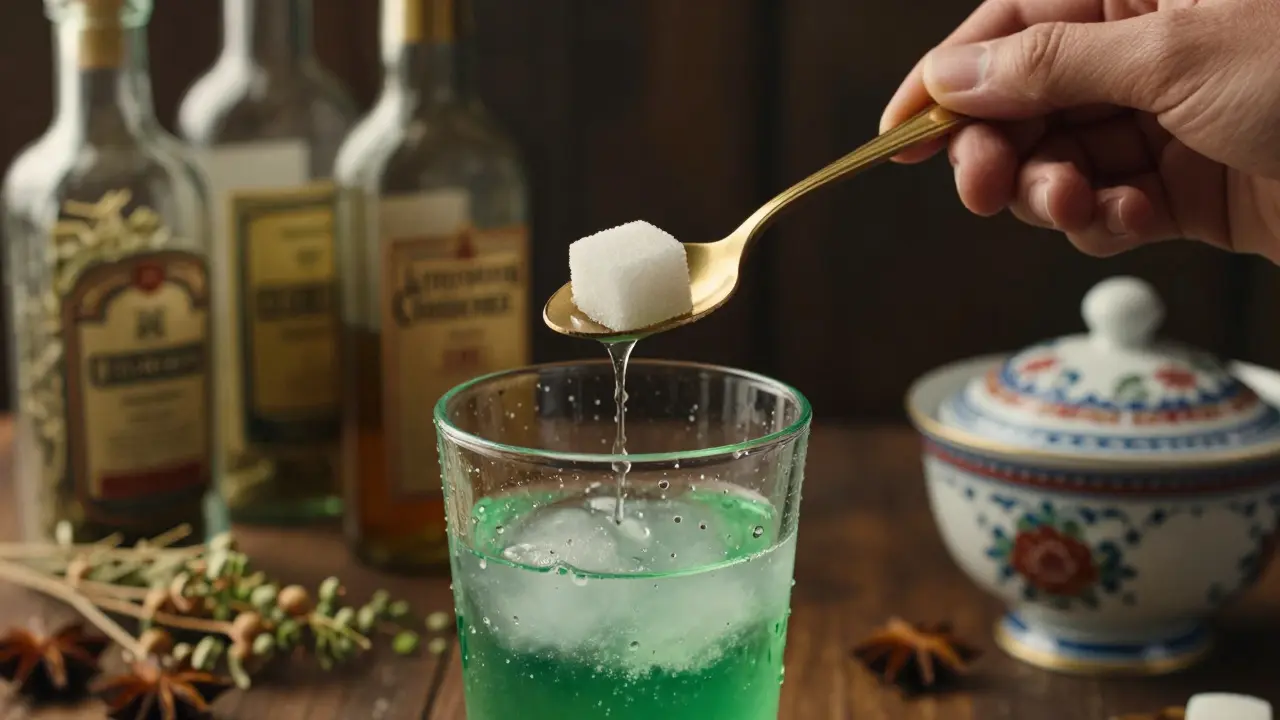 Ruka klade cukr na absintovou lžíci, zatímco voda kapá do sklenice s zeleným absintem, který začíná být mléčně bílý.