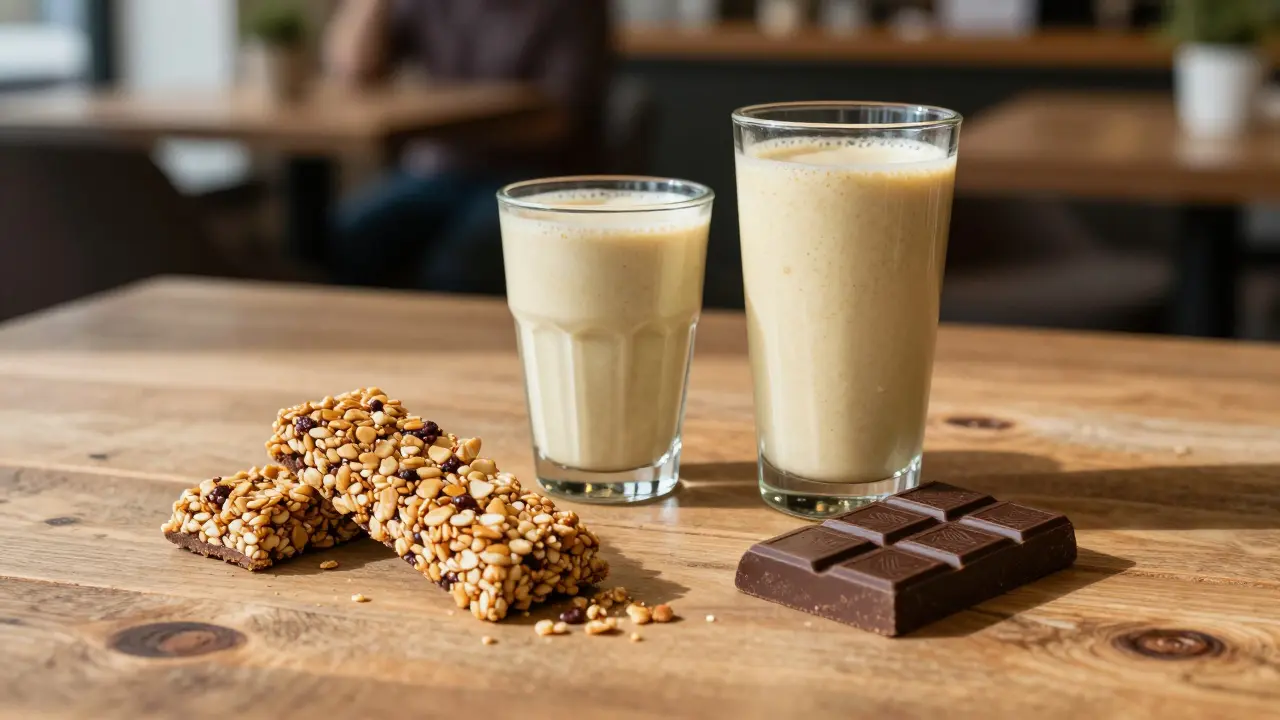 Tři CBD potraviny na dřevěné desce: granola, smoothie a čokoláda v české kavárně.